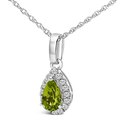 10k White Gold 5x3mm Gemstone and Diamond Accent Halo Pear Shape 18’’ Pendant Necklace (i-j Color I1-i2 Clarity)