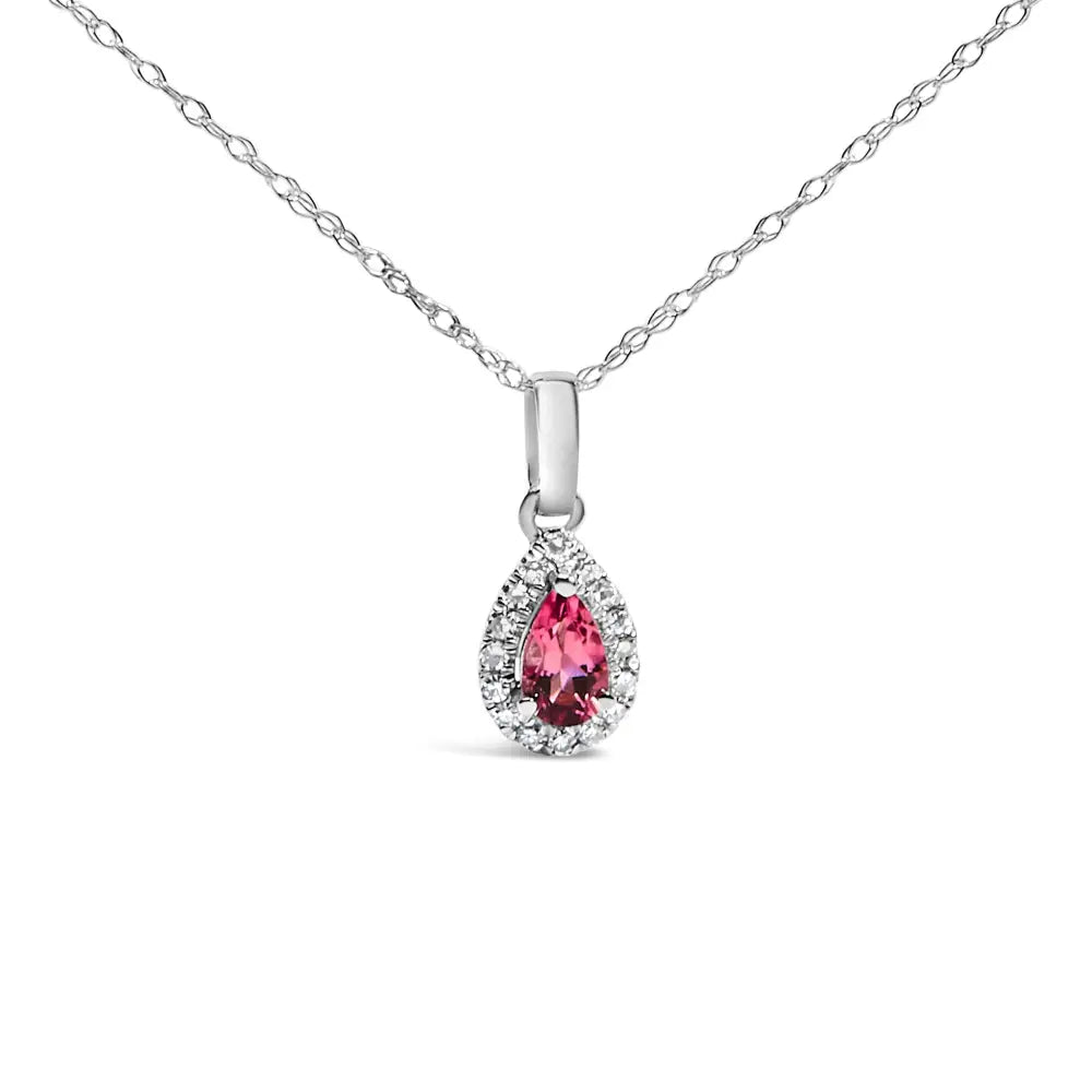 10k White Gold 5x3mm Gemstone and Diamond Accent Halo Pear Shape 18’’ Pendant Necklace (i-j Color I1-i2 Clarity)