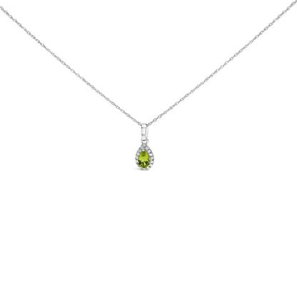 10k White Gold 5x3mm Gemstone and Diamond Accent Halo Pear Shape 18’’ Pendant Necklace (i-j Color I1-i2 Clarity)