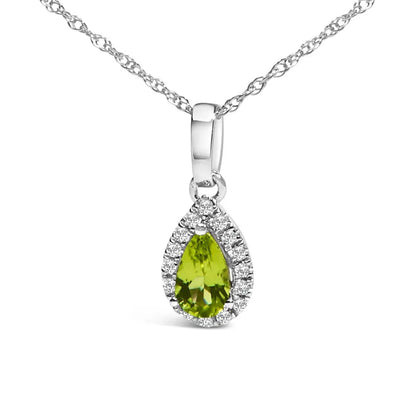 10k White Gold 5x3mm Gemstone and Diamond Accent Halo Pear Shape 18’’ Pendant Necklace (i-j Color I1-i2 Clarity)