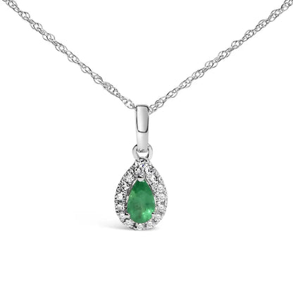 10k White Gold 5x3mm Gemstone and Diamond Accent Halo Pear Shape 18’’ Pendant Necklace (i-j Color I1-i2 Clarity)