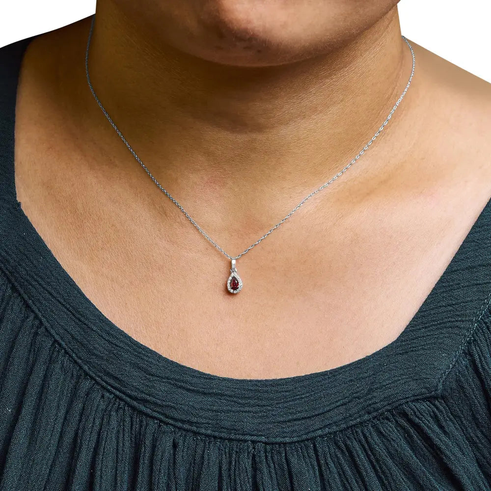 10k White Gold 5x3mm Gemstone and Diamond Accent Halo Pear Shape 18’’ Pendant Necklace (i-j Color I1-i2 Clarity)