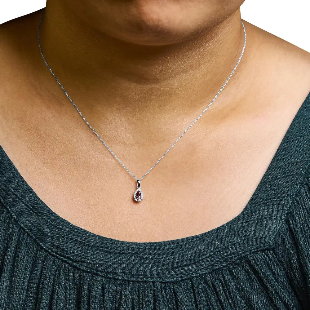 10k White Gold 5x3mm Gemstone and Diamond Accent Halo Pear Shape 18’’ Pendant Necklace (i-j Color I1-i2 Clarity)