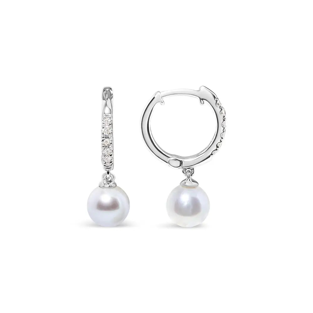 10k White Gold 6x6 Mm Cultured Freshwater Pearl and Diamond Accent Drop Huggy Earring (h-i Color I1-i2 Clarity) - Fine