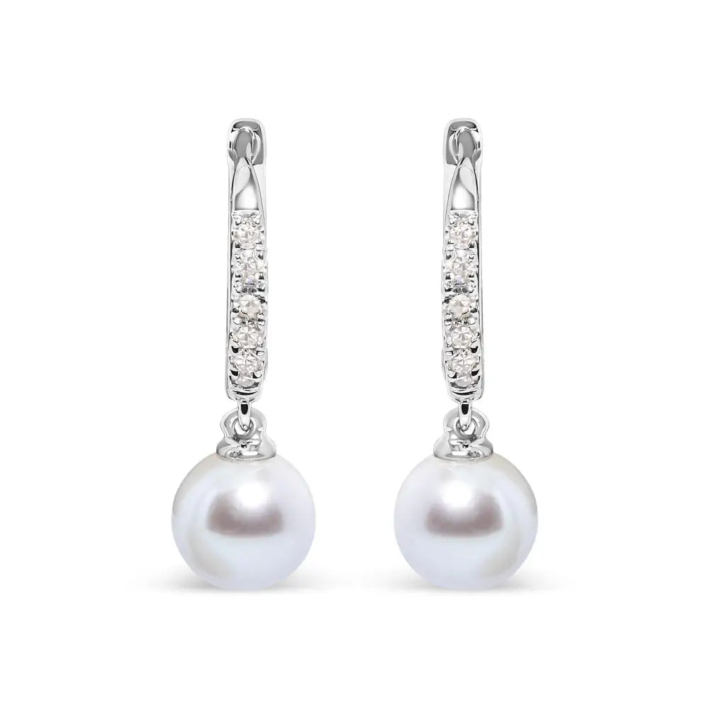 10k White Gold 6x6 Mm Cultured Freshwater Pearl and Diamond Accent Drop Huggy Earring (h-i Color I1-i2 Clarity) - Fine