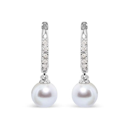 10k White Gold 6x6 Mm Cultured Freshwater Pearl and Diamond Accent Drop Huggy Earring (h-i Color I1-i2 Clarity) - Fine