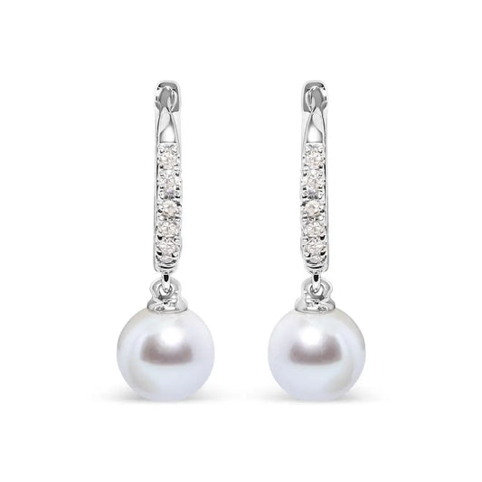 10k White Gold 6x6 Mm Cultured Freshwater Pearl and Diamond Accent Drop Huggy Earring (h-i Color I1-i2 Clarity) - Fine