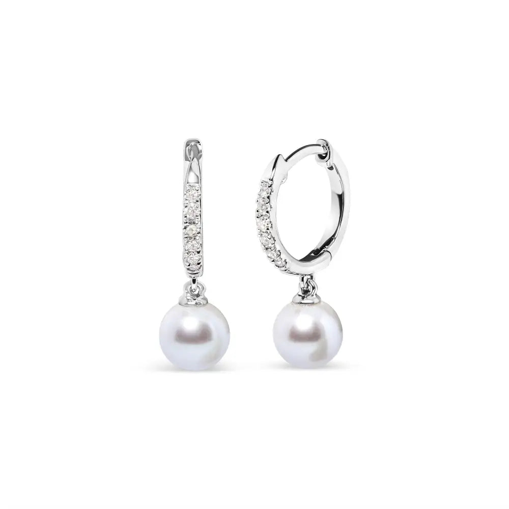 10k White Gold 6x6 Mm Cultured Freshwater Pearl and Diamond Accent Drop Huggy Earring (h-i Color I1-i2 Clarity) - Fine