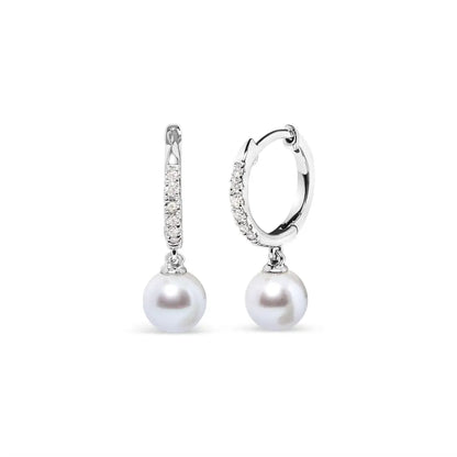 10k White Gold 6x6 Mm Cultured Freshwater Pearl and Diamond Accent Drop Huggy Earring (h-i Color I1-i2 Clarity) - Fine