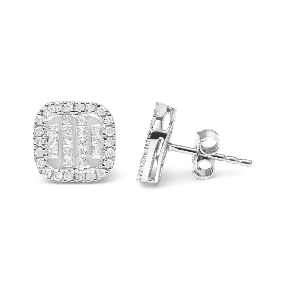 10k White Gold 7/8 Cttw Diamond Princess Composite and Halo Stud Earrings (i-j Color I1-i2 Clarity) - Fine Jewelry