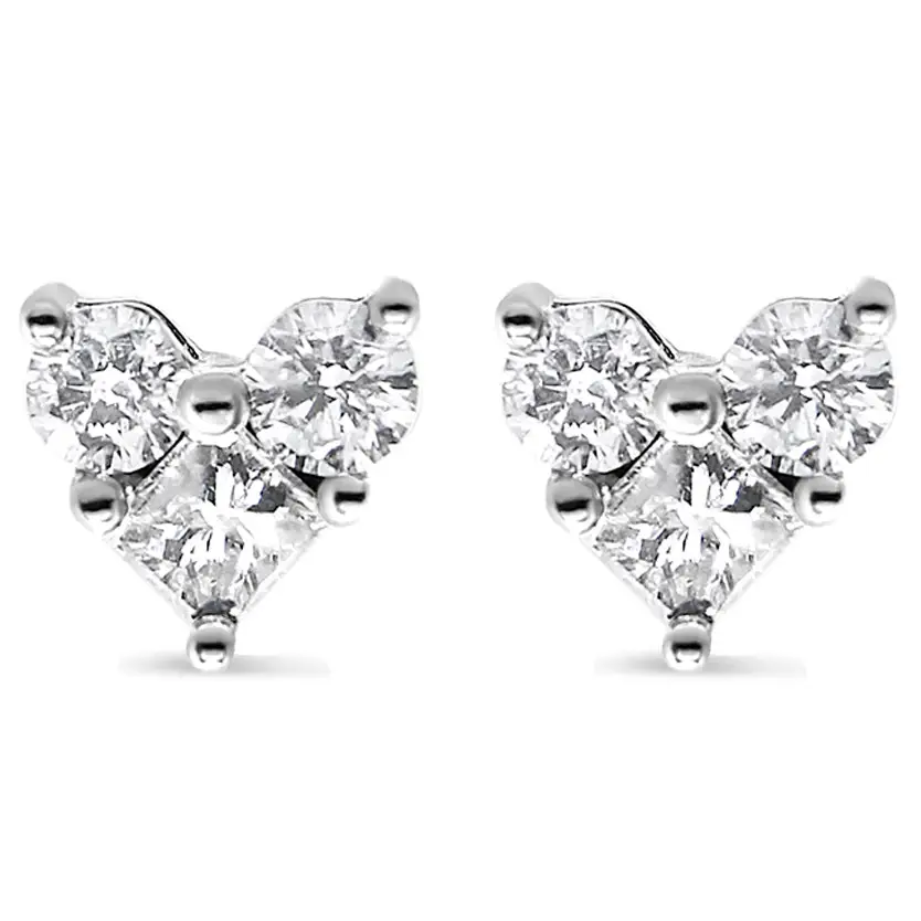 10k White Gold Diamond 3 Stone Trio Heart Stud Earring (i-j Color I1-i2 Clarity) - Fine Jewelry us Direct