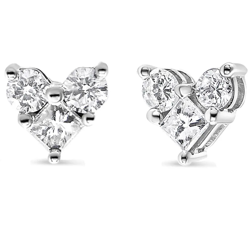 10k White Gold Diamond 3 Stone Trio Heart Stud Earring (i-j Color I1-i2 Clarity) - Fine Jewelry us Direct