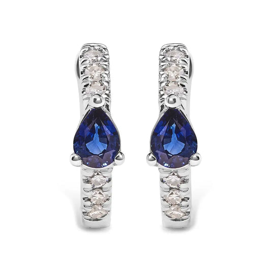 10k White Gold Pear Shaped Blue Sapphire and 1/10 Cttw Diamond Huggy Hoop Earrings (h-i Color I1-i2 Clarity) - Fine