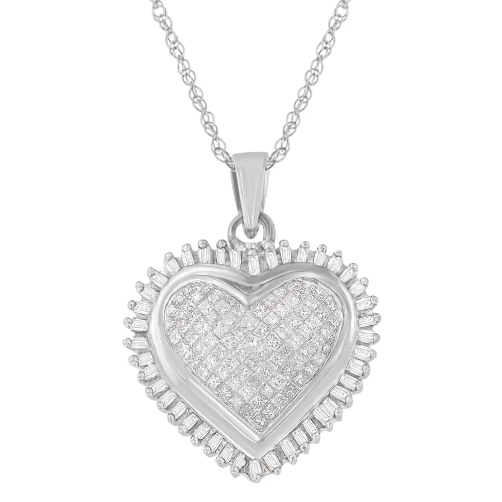 10k White Gold Princess and Baguette Cut Diamond Forever Love Halo Pendant Necklace (1.00 Cttw H-i Color I2-i3 Clarity)