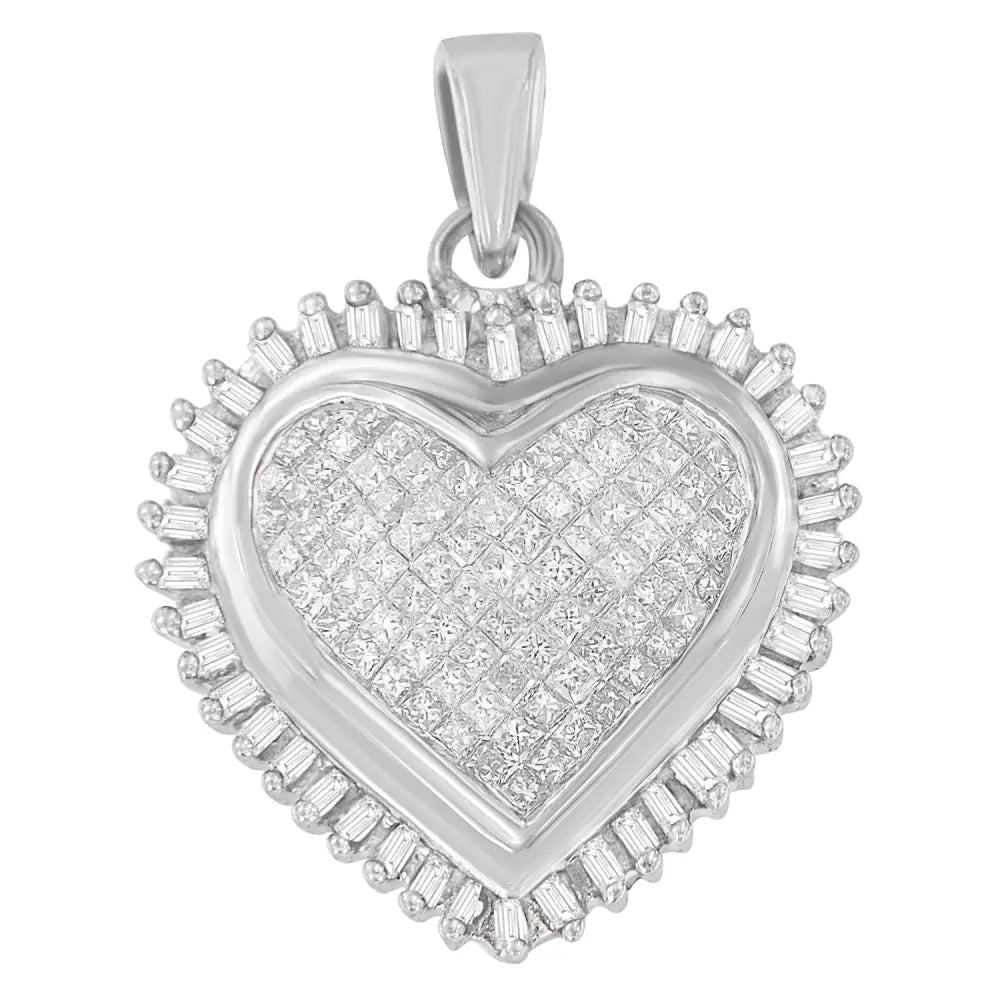 10k White Gold Princess and Baguette Cut Diamond Forever Love Halo Pendant Necklace (1.00 Cttw H-i Color I2-i3 Clarity)