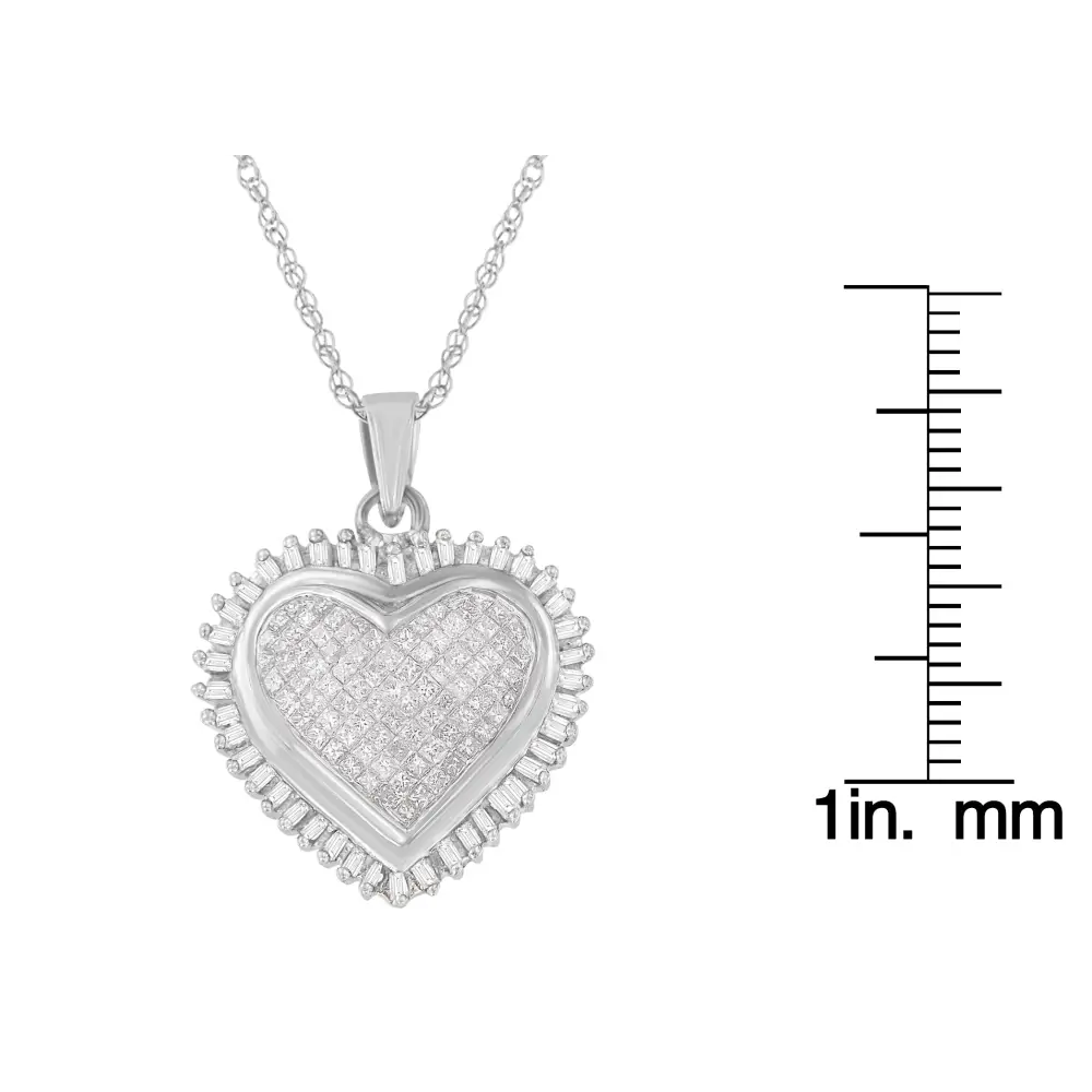 10k White Gold Princess and Baguette Cut Diamond Forever Love Halo Pendant Necklace (1.00 Cttw H-i Color I2-i3 Clarity)