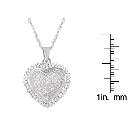 10k White Gold Princess and Baguette Cut Diamond Forever Love Halo Pendant Necklace (1.00 Cttw H-i Color I2-i3 Clarity)