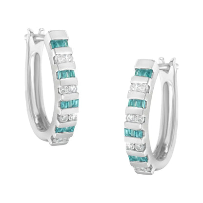 10k White Gold Round and Blue Baguette Diamond Hoop Earrings (0.50 Cttw I-j Color I2-i3 Clarity) - Fine Jewelry