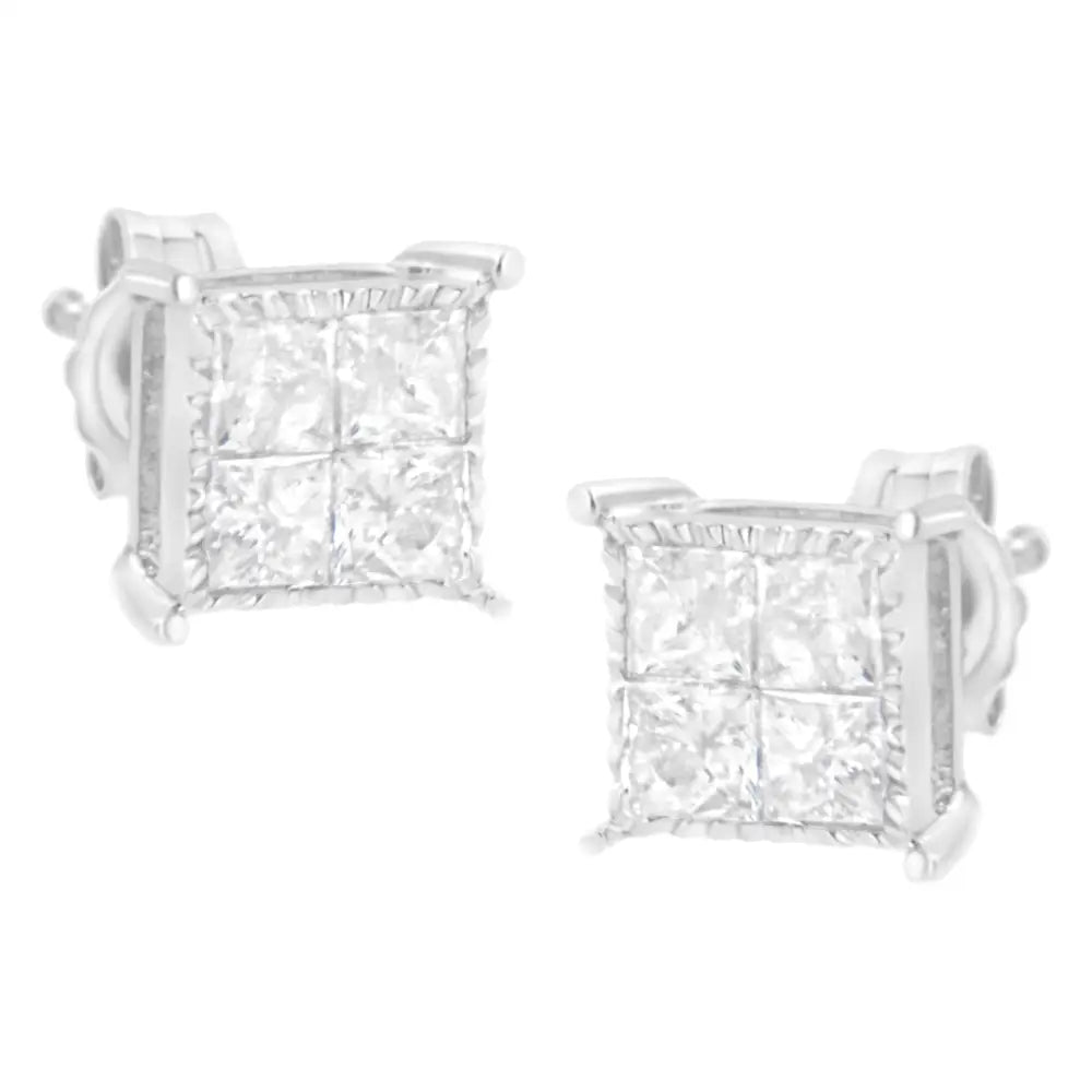 10k White Gold Square Earrings with Princess Cut Diamond (3/4 Cttw I-j Color I2-i3 Clarity) - Fine Jewelry us Direct