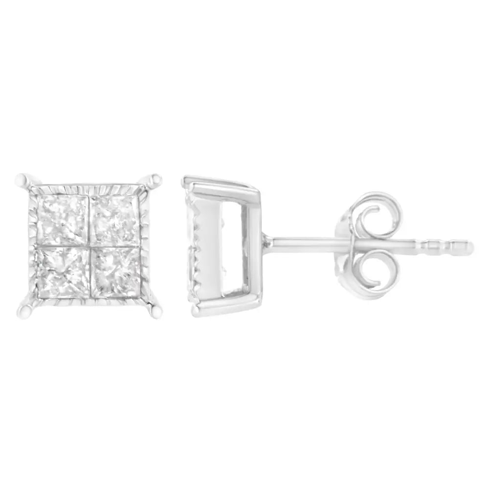 10k White Gold Square Earrings with Princess Cut Diamond (3/4 Cttw I-j Color I2-i3 Clarity) - Fine Jewelry us Direct