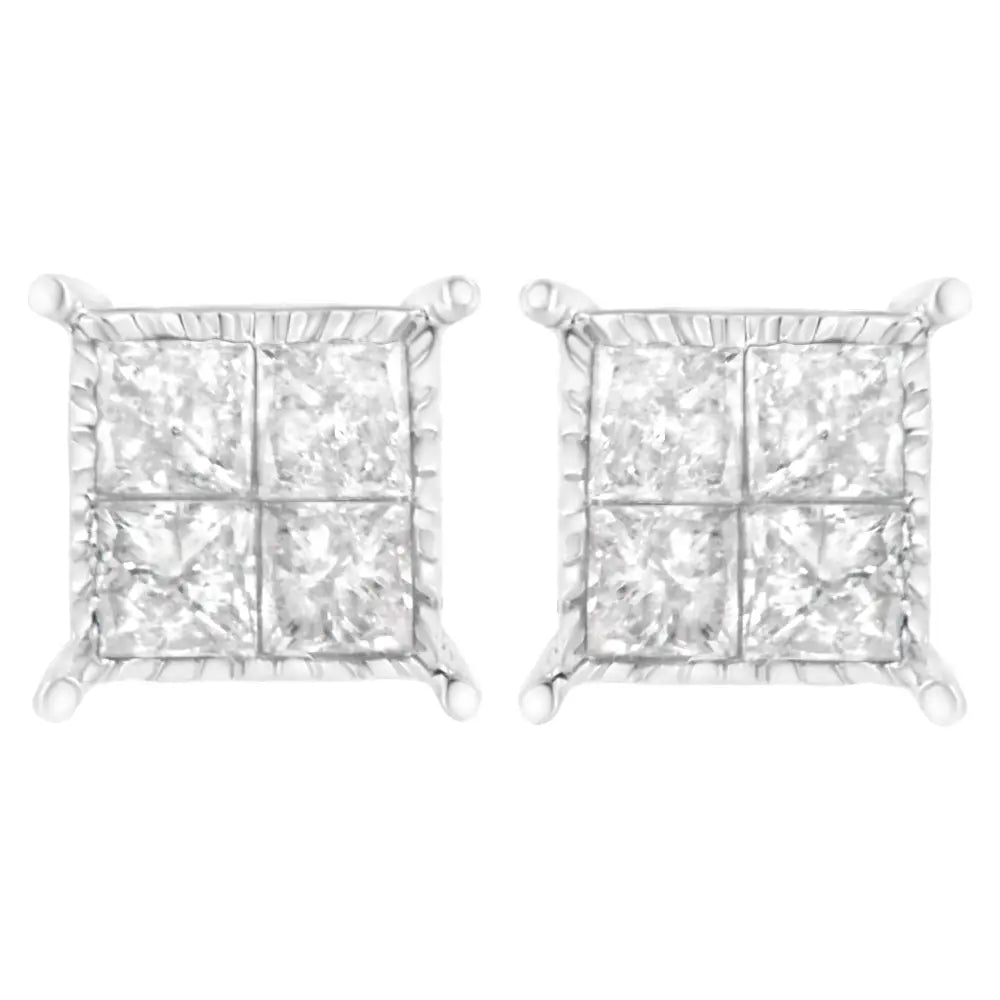 10k White Gold Square Earrings with Princess Cut Diamond (3/4 Cttw I-j Color I2-i3 Clarity) - Fine Jewelry us Direct