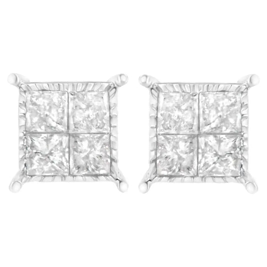 10k White Gold Square Earrings with Princess Cut Diamond (3/4 Cttw I-j Color I2-i3 Clarity) - Fine Jewelry us Direct