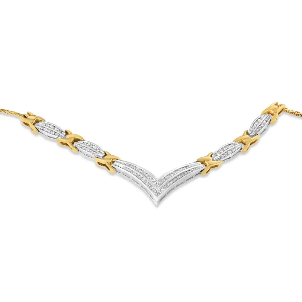 10k Yellow and White Gold 1.0 Cttw Round Princess Cut Diamond ?V’ Shape Statement Necklace (i-j Color I1-i2 Clarity)