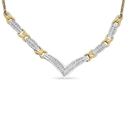 10k Yellow and White Gold 1.0 Cttw Round Princess Cut Diamond ?V’ Shape Statement Necklace (i-j Color I1-i2 Clarity)