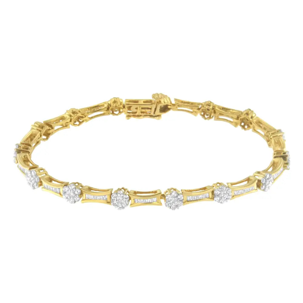 10k Yellow and White Gold 2.00 Cttw Round Baguette-cut Diamond Link Bracelet (i-j Color I2-i3 Clarity) - Size