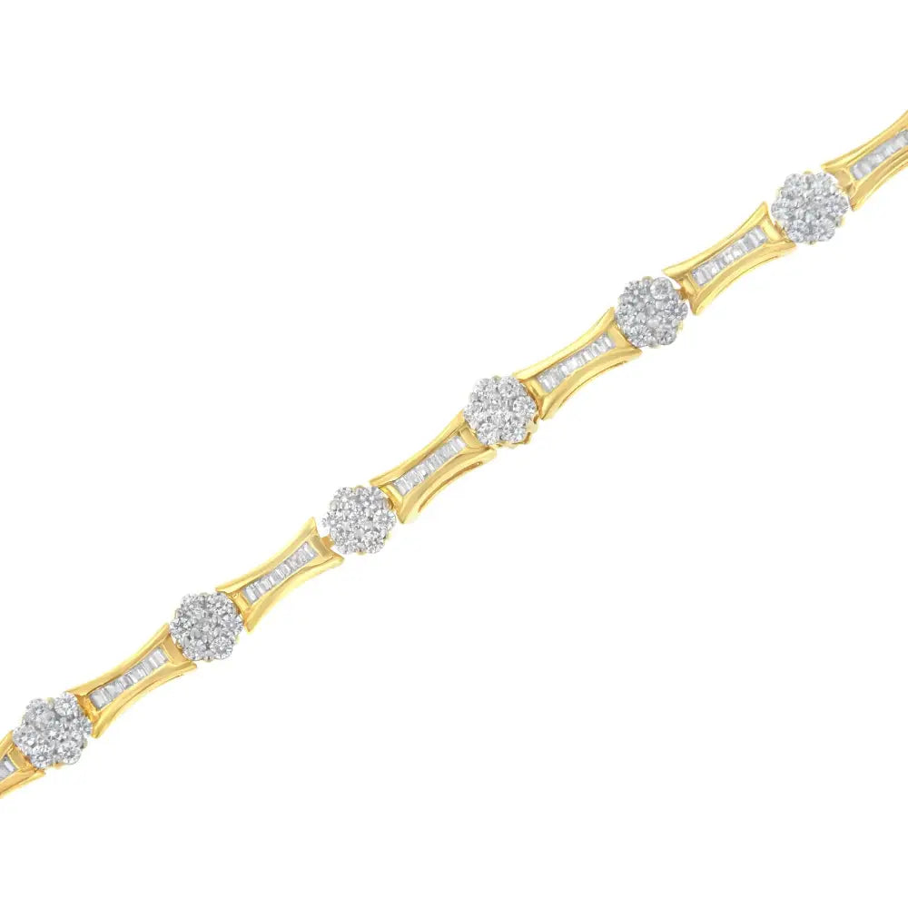 10k Yellow and White Gold 2.00 Cttw Round Baguette-cut Diamond Link Bracelet (i-j Color I2-i3 Clarity) - Size