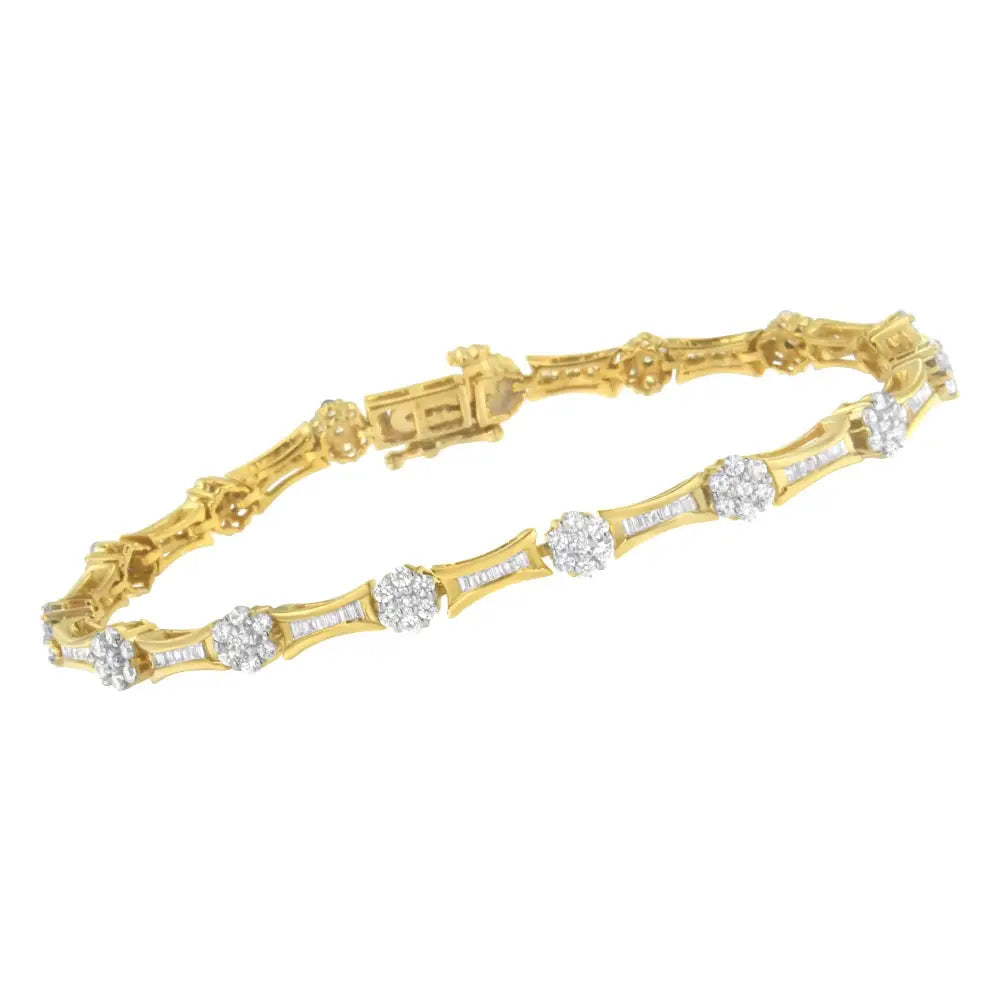 10k Yellow and White Gold 2.00 Cttw Round Baguette-cut Diamond Link Bracelet (i-j Color I2-i3 Clarity) - Size