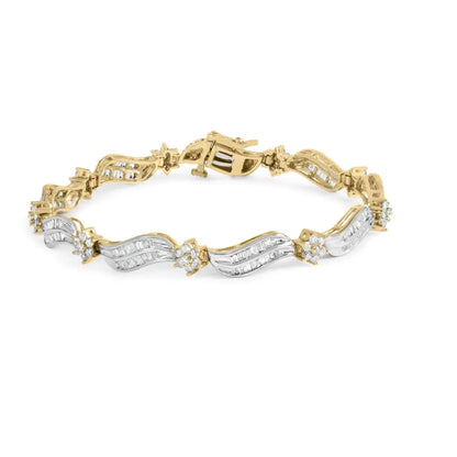 10k Yellow and White Gold 3.00 Cttw Diamond Cluster Wave Link Bracelet (i-j Color I1-i2 Clarity) - 7.25’’ - Fine