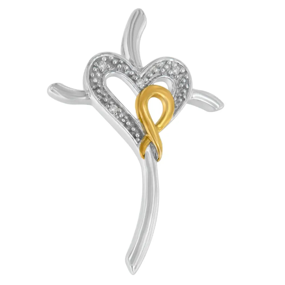 10k Yellow and White Gold Plated.925 Sterling Silver 1/25 Cttw Diamond Heart-cross 18’’ Pendant Necklace (h-i Color