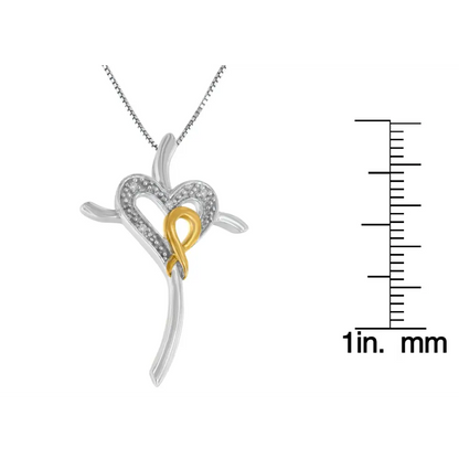 10k Yellow and White Gold Plated.925 Sterling Silver 1/25 Cttw Diamond Heart-cross 18’’ Pendant Necklace (h-i Color