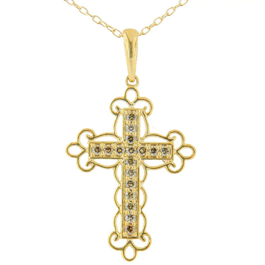 10k Yellow Flashed.925 Sterling Silver 1/4 Cttw Champagne Diamond Filigree Cross Pendant Necklace (k-l Color I1-i2