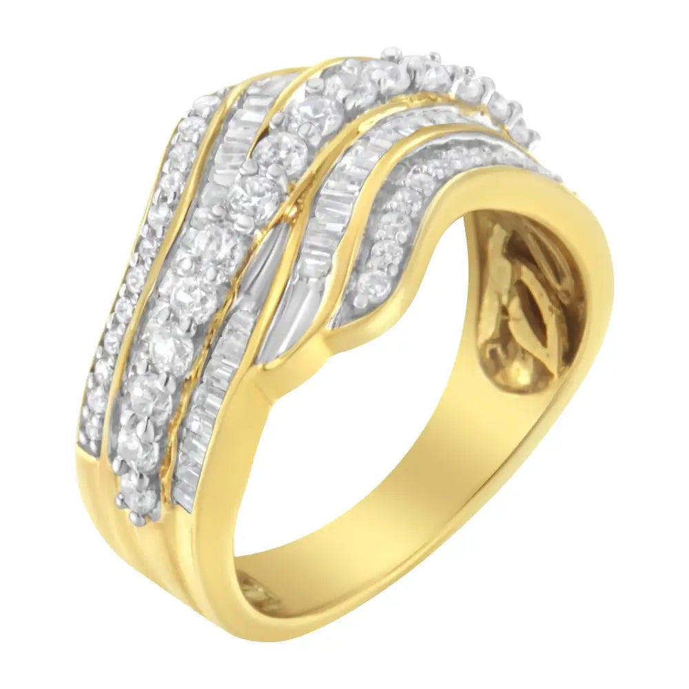 10k Yellow Gold 1.0 Cttw Baguette and Round Diamond Multi-row Wave Bypass Ring (i-j Color I1-i2 Clarity) - Fine Jewelry