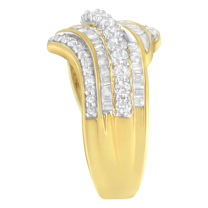 10k Yellow Gold 1.0 Cttw Baguette and Round Diamond Multi-row Wave Bypass Ring (i-j Color I1-i2 Clarity) - Fine Jewelry