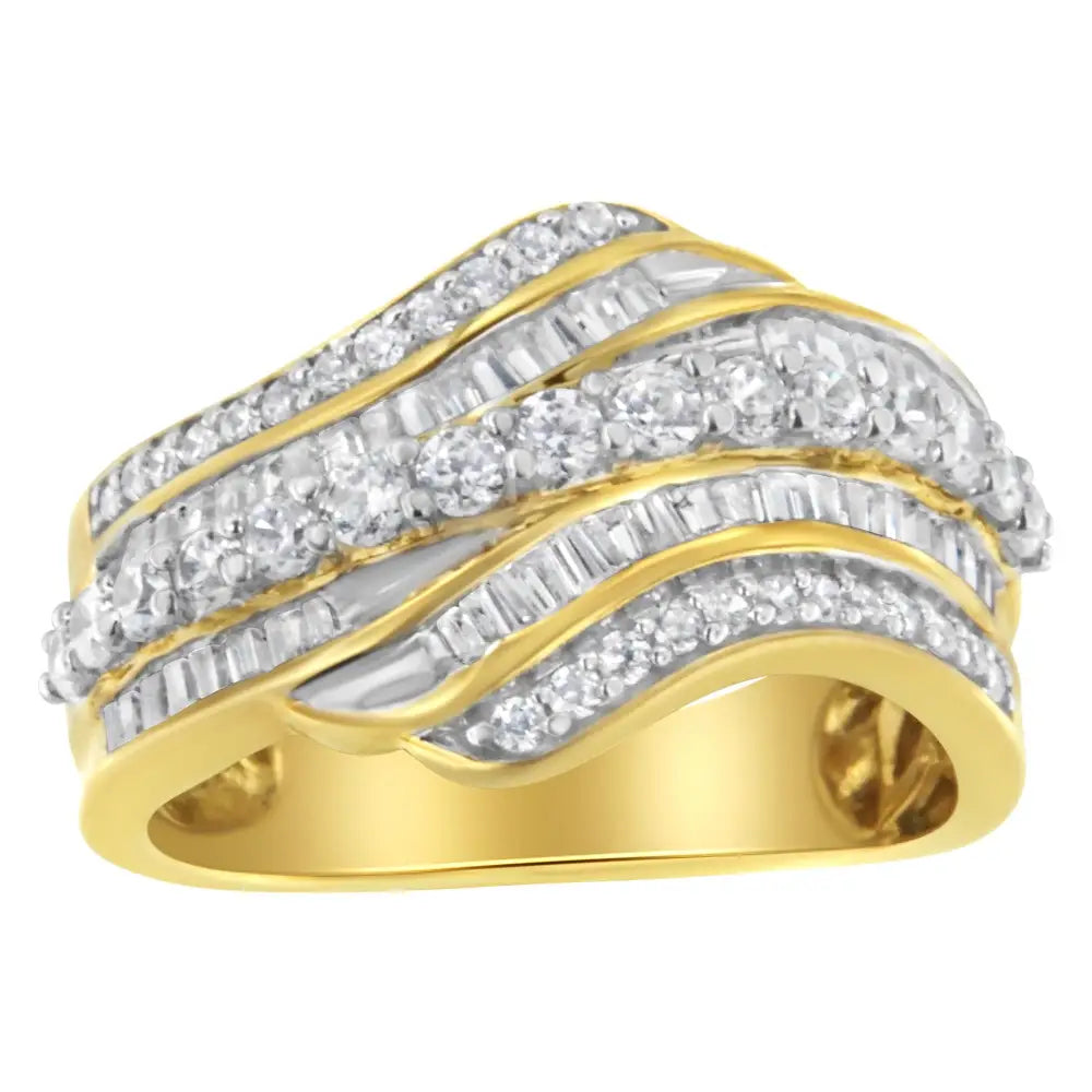 10k Yellow Gold 1.0 Cttw Baguette and Round Diamond Multi-row Wave Bypass Ring (i-j Color I1-i2 Clarity) - Fine Jewelry