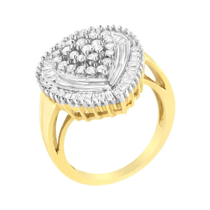 10k Yellow Gold 1.0 Cttw Round and Baguette Cut Diamond Oval Shaped Cluster Ring (i-j Color I1-i2 Clarity) - Fine