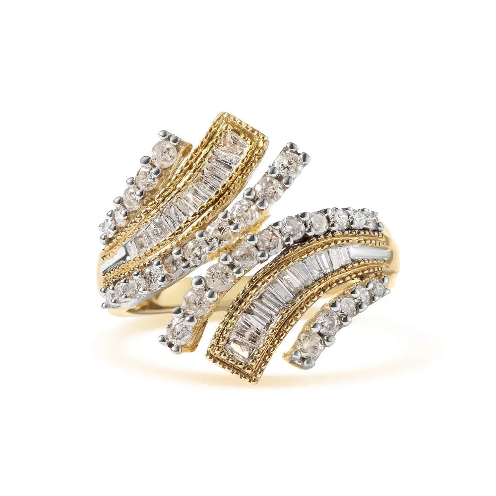 10k Yellow Gold 1.0 Cttw Round and Baguette Diamond Woven Bypass Ring (h-i,i1-i2) - Fine Jewelry us Direct