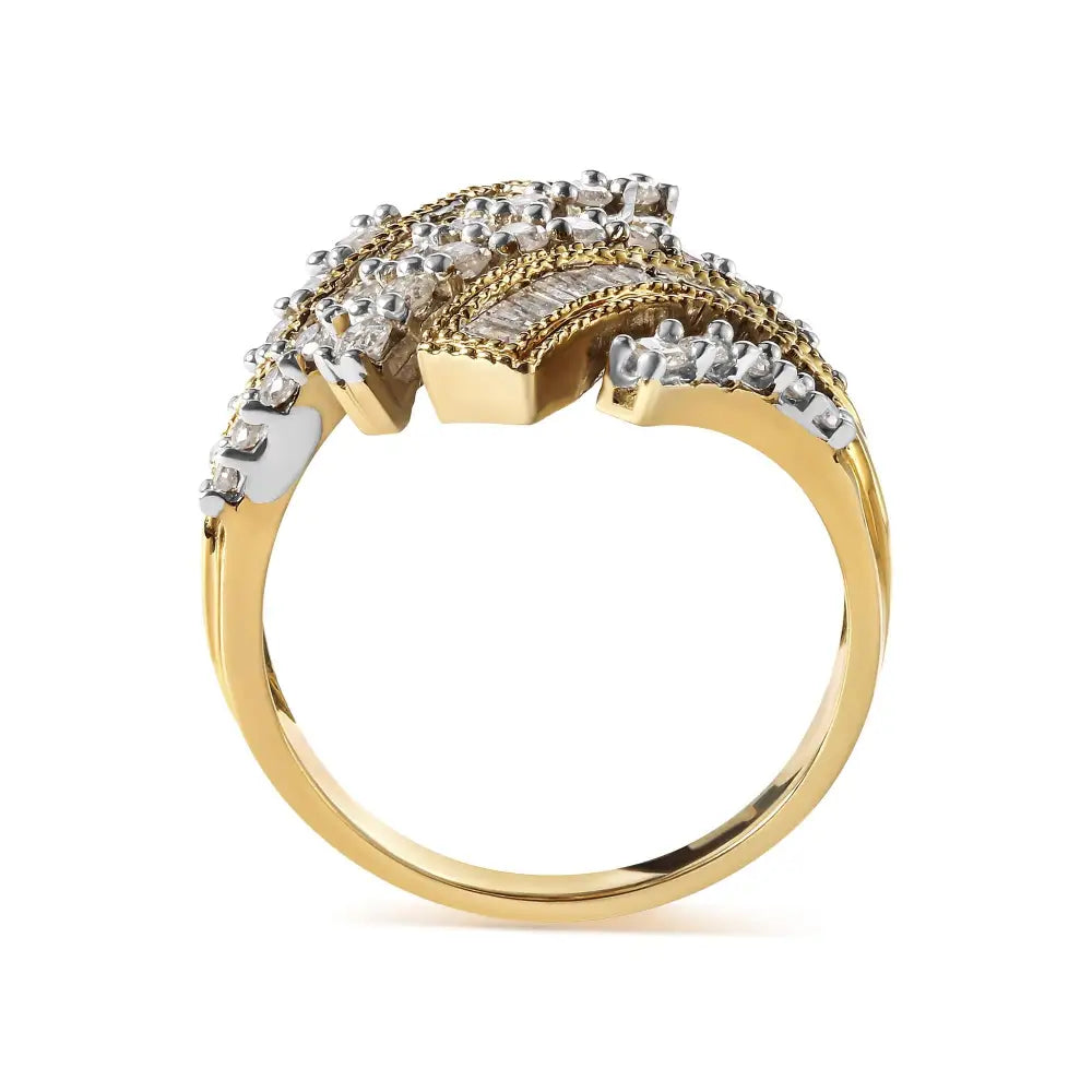 10k Yellow Gold 1.0 Cttw Round and Baguette Diamond Woven Bypass Ring (h-i,i1-i2) - Fine Jewelry us Direct