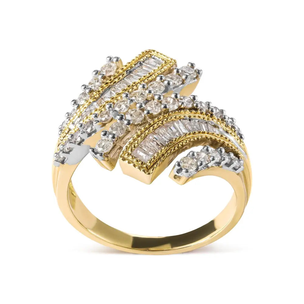 10k Yellow Gold 1.0 Cttw Round and Baguette Diamond Woven Bypass Ring (h-i,i1-i2) - Fine Jewelry us Direct