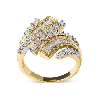 10k Yellow Gold 1.0 Cttw Round and Baguette Diamond Woven Bypass Ring (h-i,i1-i2) - Fine Jewelry us Direct