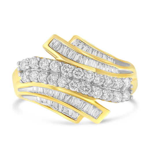 10k Yellow Gold 1.0 Cttw Round & Baguette Cut Diamond 64 Stone Bypass Style Channel Set Modern Statement Ring (h-i