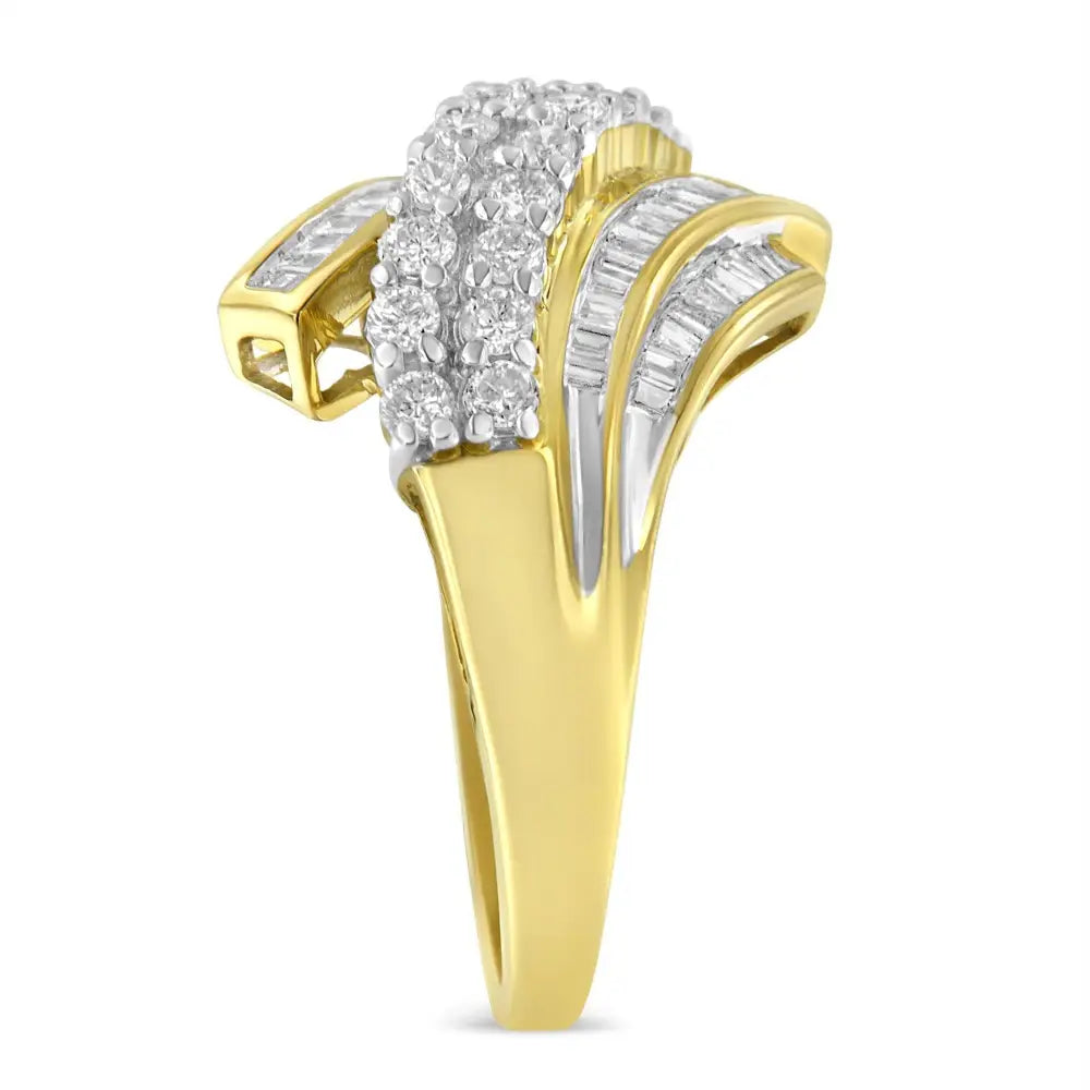 10k Yellow Gold 1.0 Cttw Round & Baguette Cut Diamond 64 Stone Bypass Style Channel Set Modern Statement Ring (h-i