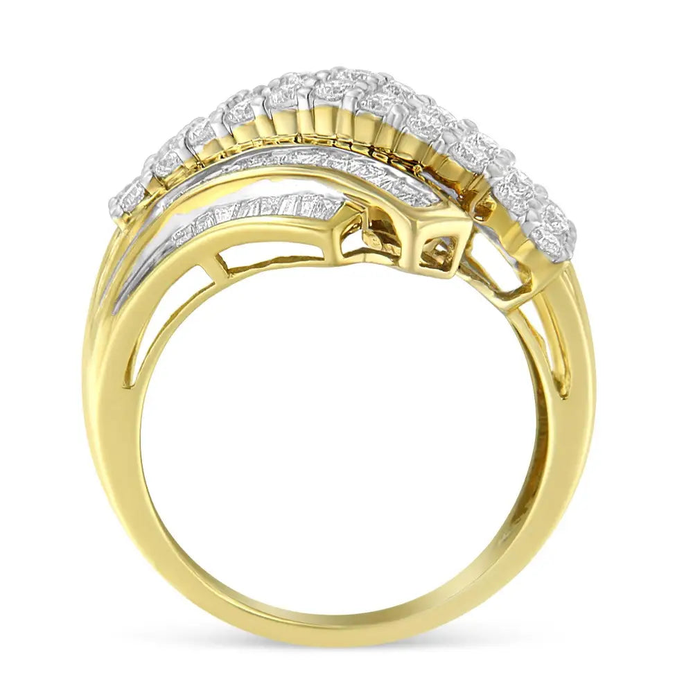 10k Yellow Gold 1.0 Cttw Round & Baguette Cut Diamond 64 Stone Bypass Style Channel Set Modern Statement Ring (h-i