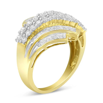 10k Yellow Gold 1.0 Cttw Round & Baguette Cut Diamond 64 Stone Bypass Style Channel Set Modern Statement Ring (h-i