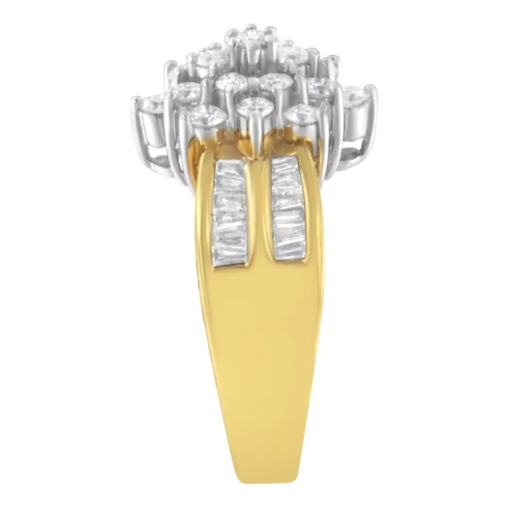 10k Yellow Gold 1.0 Cttw Round & Baguette Cut Diamond Floral Cluster Double-channel Flared Band Statement Ring (h-i