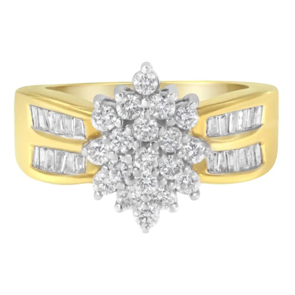 10k Yellow Gold 1.0 Cttw Round & Baguette Cut Diamond Floral Cluster Double-channel Flared Band Statement Ring (h-i