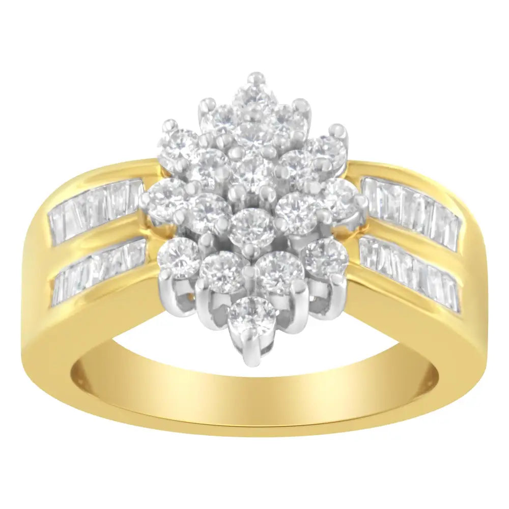 10k Yellow Gold 1.0 Cttw Round & Baguette Cut Diamond Floral Cluster Double-channel Flared Band Statement Ring (h-i